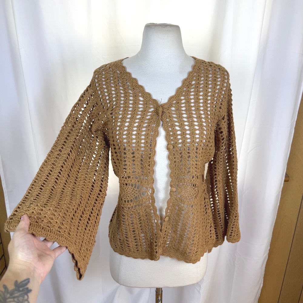 Vtg Y2K Deadstock Brown Crochet Bell Sleeve Boho Cardigan Womens Medium Hippy
